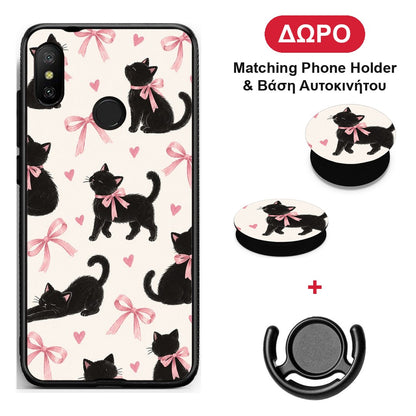 Black Kittens and Pink Bows on Cream Large - Xiaomi Mi A2 Lite θήκη + Δώρο Phone Holder & Βάση Αυτοκινήτου