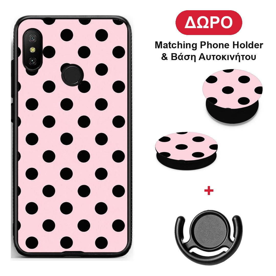 Black Polka Dots on Pink - Xiaomi Mi A2 Lite θήκη + Δώρο Phone Holder & Βάση Αυτοκινήτου