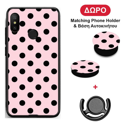 Black Polka Dots on Pink - Xiaomi Mi A2 Lite θήκη + Δώρο Phone Holder & Βάση Αυτοκινήτου