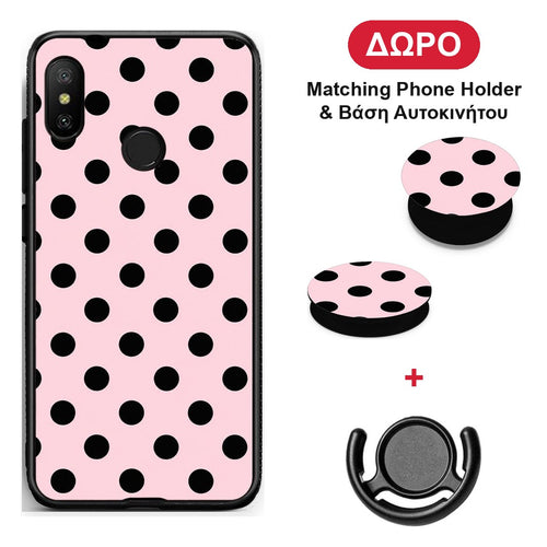 Black Polka Dots on Pink - Xiaomi Mi A2 Lite θήκη + Δώρο Phone Holder & Βάση Αυτοκινήτου
