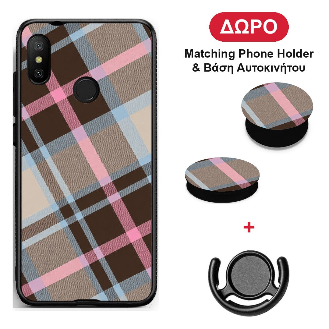 Brown Pink and Blue Diagonal Plaid - Xiaomi Mi A2 Lite θήκη + Δώρο Phone Holder & Βάση Αυτοκινήτου