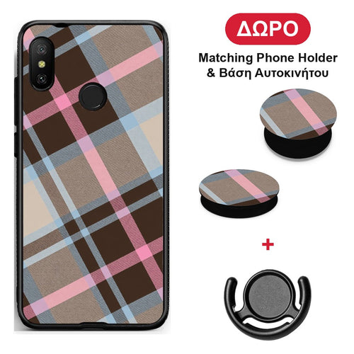 Brown Pink and Blue Diagonal Plaid - Xiaomi Mi A2 Lite θήκη + Δώρο Phone Holder & Βάση Αυτοκινήτου