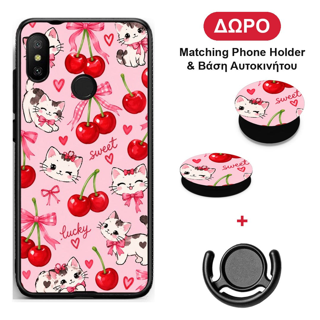 Cherries Bows and Kittens on Pink - Xiaomi Mi A2 Lite θήκη + Δώρο Phone Holder & Βάση Αυτοκινήτου