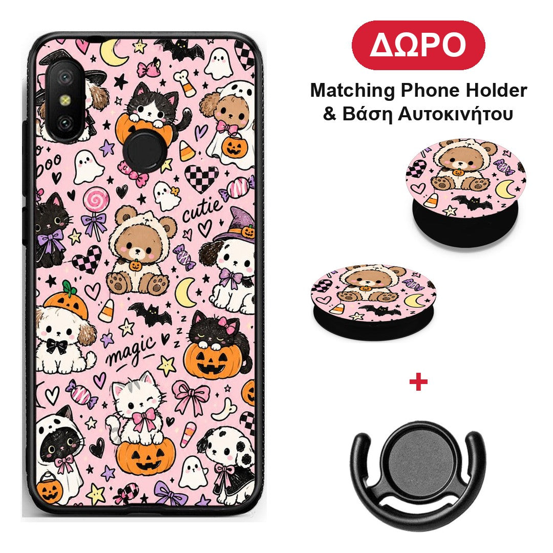 Halloween Cute Animals on Pink - Xiaomi Mi A2 Lite θήκη + Δώρο Phone Holder & Βάση Αυτοκινήτου