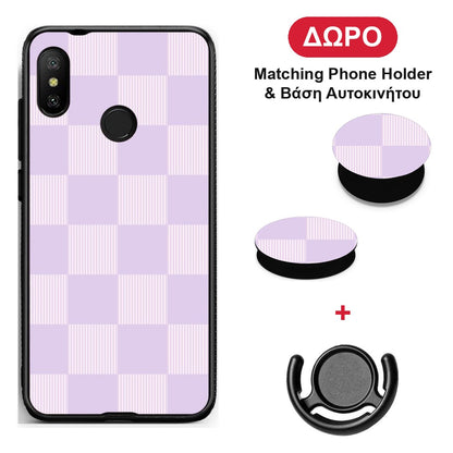 Lilac and Cream Striped Checks - Xiaomi Mi A2 Lite θήκη + Δώρο Phone Holder & Βάση Αυτοκινήτου