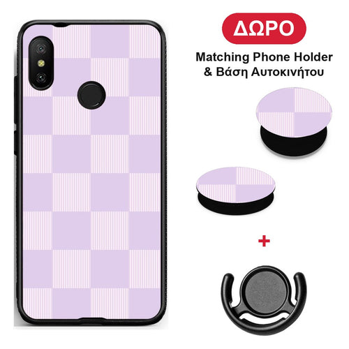 Lilac and Cream Striped Checks - Xiaomi Mi A2 Lite θήκη + Δώρο Phone Holder & Βάση Αυτοκινήτου