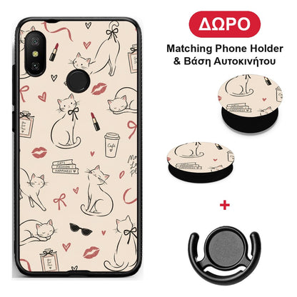 Minimal Cat and Fashion Doodles on Cream - Xiaomi Mi A2 Lite θήκη + Δώρο Phone Holder & Βάση Αυτοκινήτου