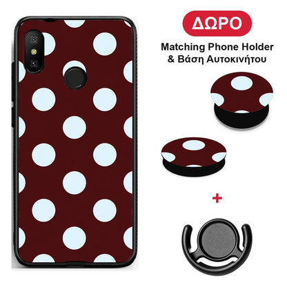 Pale Blue Large Polka Dots on Burgundy - Xiaomi Mi A2 Lite θήκη + Δώρο Phone Holder & Βάση Αυτοκινήτου