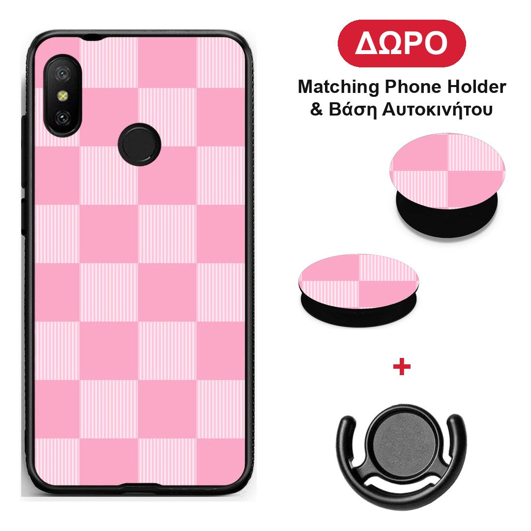 Pink and White Striped Checks - Xiaomi Mi A2 Lite θήκη + Δώρο Phone Holder & Βάση Αυτοκινήτου