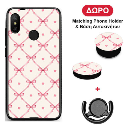 Pink Bow Lattice and Hearts on Cream - Xiaomi Mi A2 Lite θήκη + Δώρο Phone Holder & Βάση Αυτοκινήτου