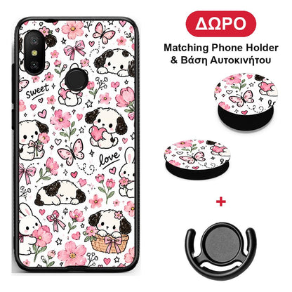 Pink Florals Puppies and Bunnies on White - Xiaomi Mi A2 Lite θήκη + Δώρο Phone Holder & Βάση Αυτοκινήτου