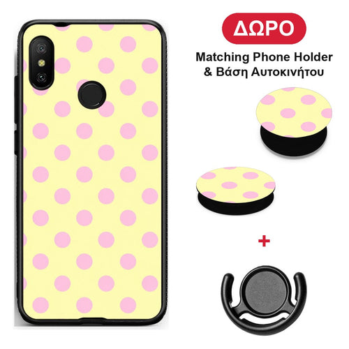 Pink Polka Dots on Yellow - Xiaomi Mi A2 Lite θήκη + Δώρο Phone Holder & Βάση Αυτοκινήτου