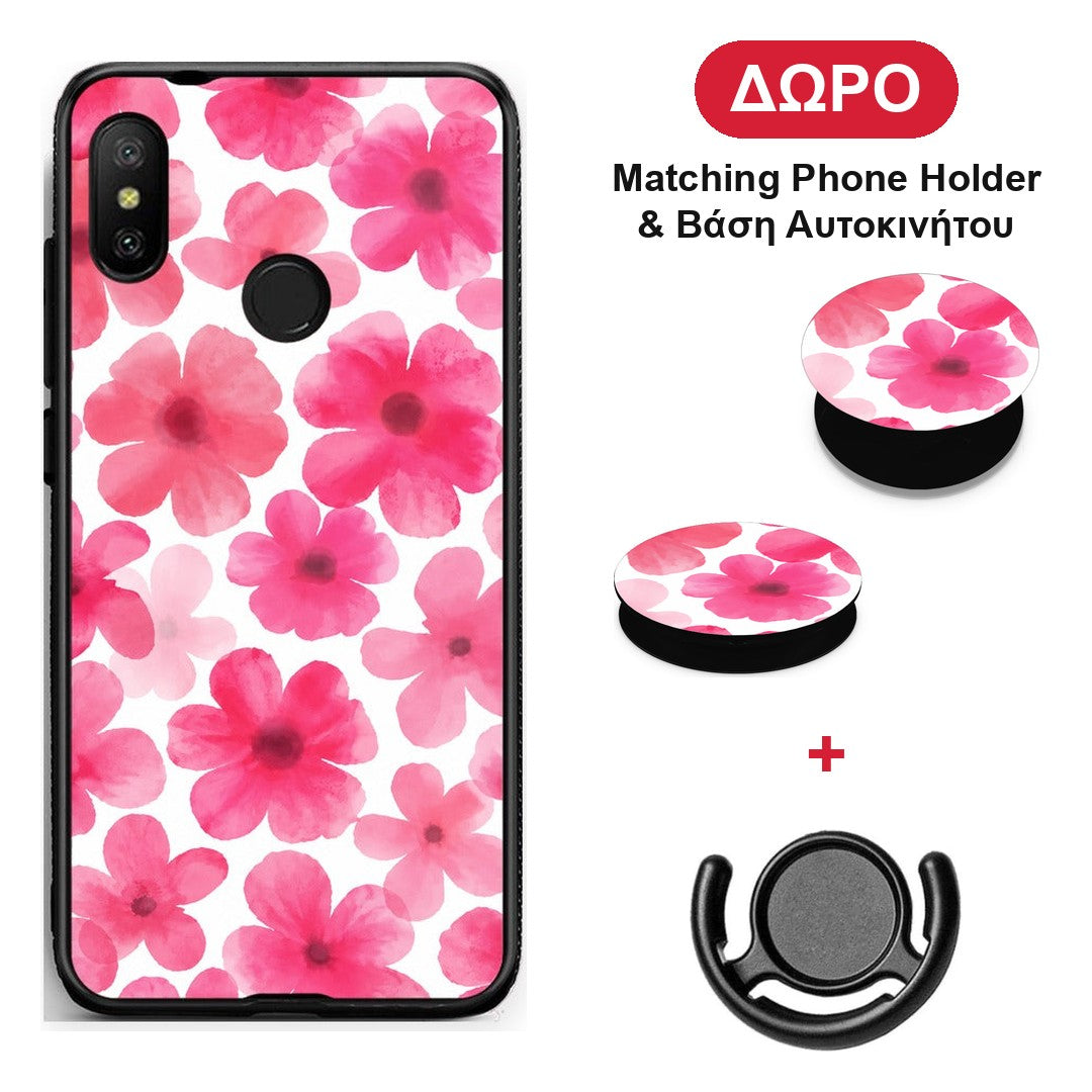 Pink Watercolour Flowers on White - Xiaomi Mi A2 Lite θήκη + Δώρο Phone Holder & Βάση Αυτοκινήτου