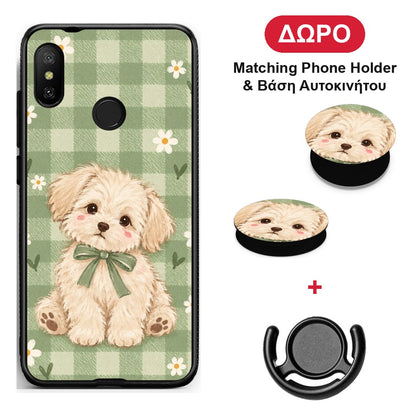 Puppy and Daisies on Sage Gingham - Xiaomi Mi A2 Lite θήκη + Δώρο Phone Holder & Βάση Αυτοκινήτου