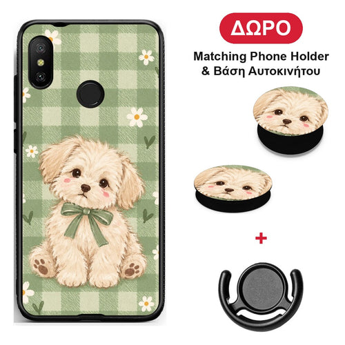 Puppy and Daisies on Sage Gingham - Xiaomi Mi A2 Lite θήκη + Δώρο Phone Holder & Βάση Αυτοκινήτου