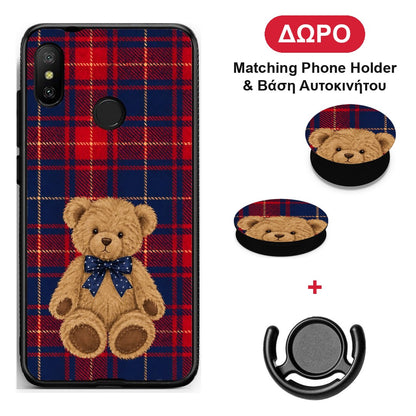 Teddy Bear on Red and Navy Tartan - Xiaomi Mi A2 Lite θήκη + Δώρο Phone Holder & Βάση Αυτοκινήτου