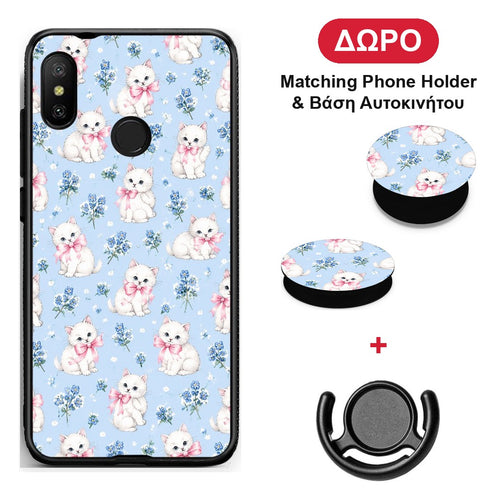 White Kittens and Blue Flowers Small - Xiaomi Mi A2 Lite θήκη + Δώρο Phone Holder & Βάση Αυτοκινήτου