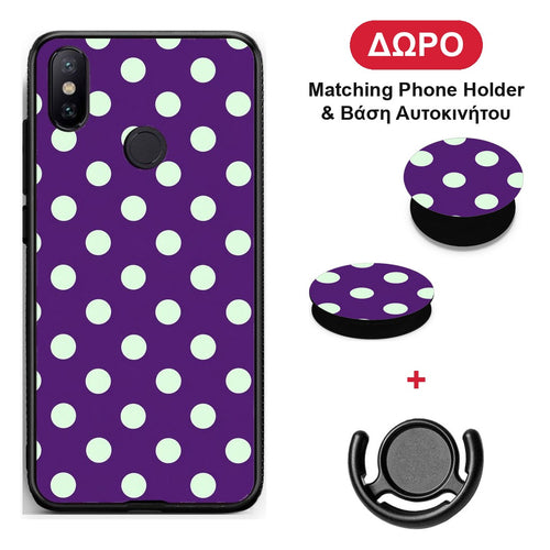 Mint Polka Dots on Purple - Xiaomi Mi A2 θήκη + Δώρο Phone Holder & Βάση Αυτοκινήτου