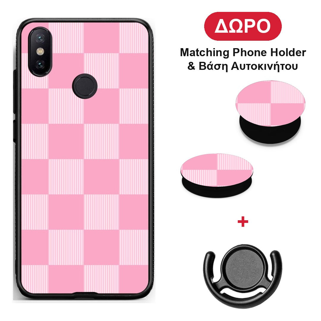 Pink and White Striped Checks - Xiaomi Mi A2 θήκη + Δώρο Phone Holder & Βάση Αυτοκινήτου