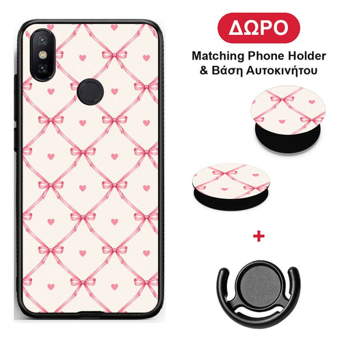 Pink Bow Lattice and Hearts on Cream - Xiaomi Mi A2 θήκη + Δώρο Phone Holder & Βάση Αυτοκινήτου