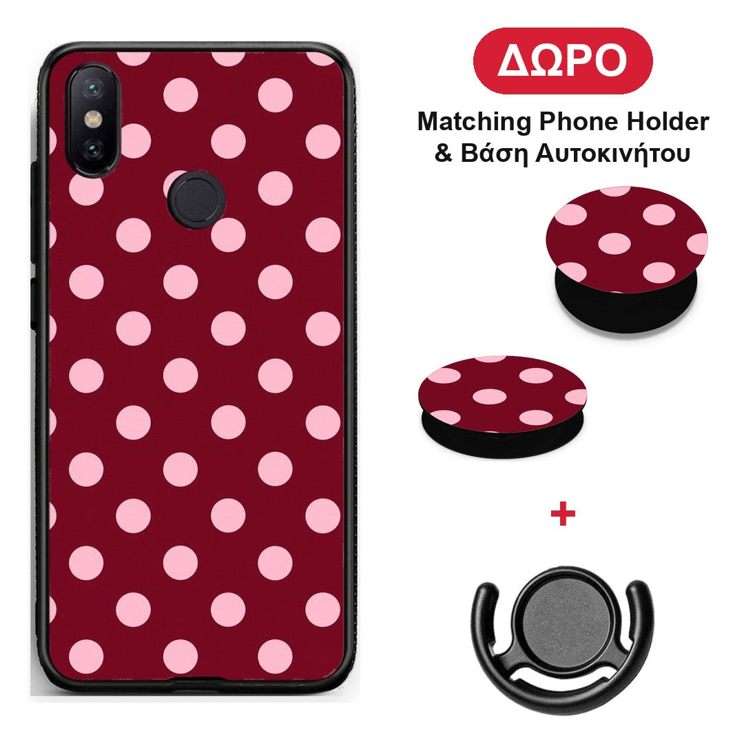 Pink Polka Dots on Burgundy - Xiaomi Mi A2 θήκη + Δώρο Phone Holder & Βάση Αυτοκινήτου