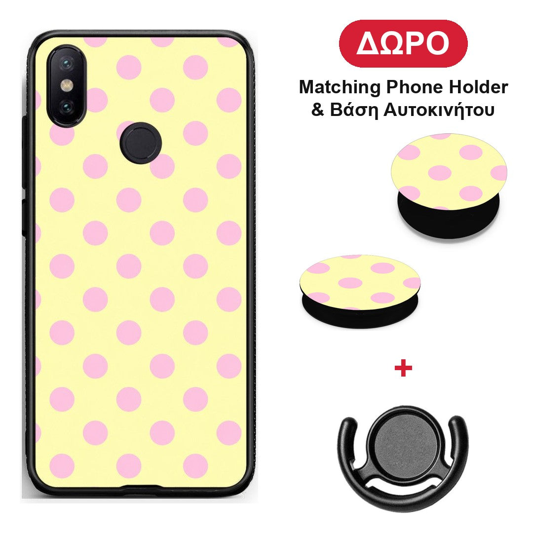 Pink Polka Dots on Yellow - Xiaomi Mi A2 θήκη + Δώρο Phone Holder & Βάση Αυτοκινήτου