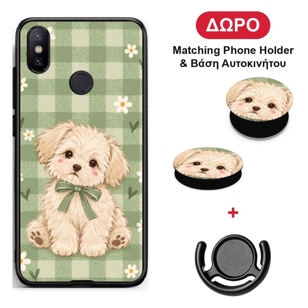 Puppy and Daisies on Sage Gingham - Xiaomi Mi A2 θήκη + Δώρο Phone Holder & Βάση Αυτοκινήτου