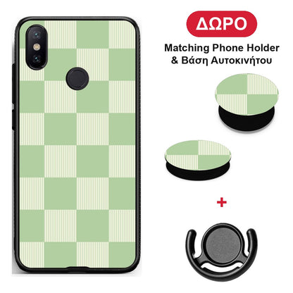 Sage and Cream Striped Checks - Xiaomi Mi A2 θήκη + Δώρο Phone Holder & Βάση Αυτοκινήτου