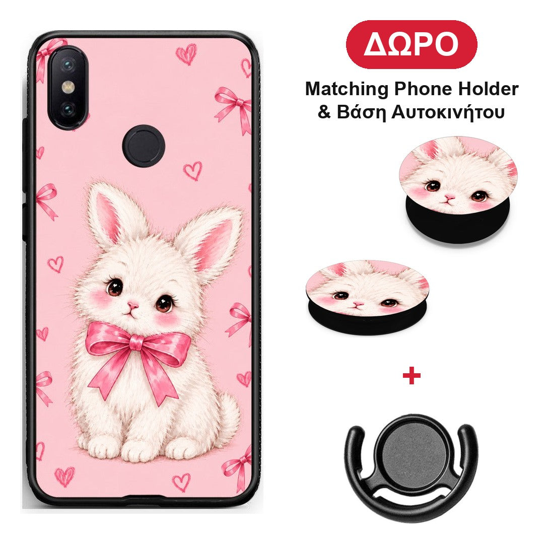 White Bunny and Pink Bows - Xiaomi Mi A2 θήκη + Δώρο Phone Holder & Βάση Αυτοκινήτου