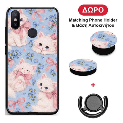 White Kittens and Blue Flowers Large - Xiaomi Mi A2 θήκη + Δώρο Phone Holder & Βάση Αυτοκινήτου
