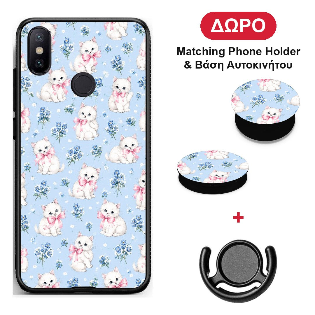 White Kittens and Blue Flowers Small - Xiaomi Mi A2 θήκη + Δώρο Phone Holder & Βάση Αυτοκινήτου