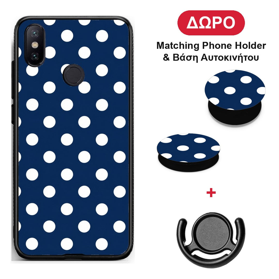 White Large Polka Dots on Navy - Xiaomi Mi A2 θήκη + Δώρο Phone Holder & Βάση Αυτοκινήτου