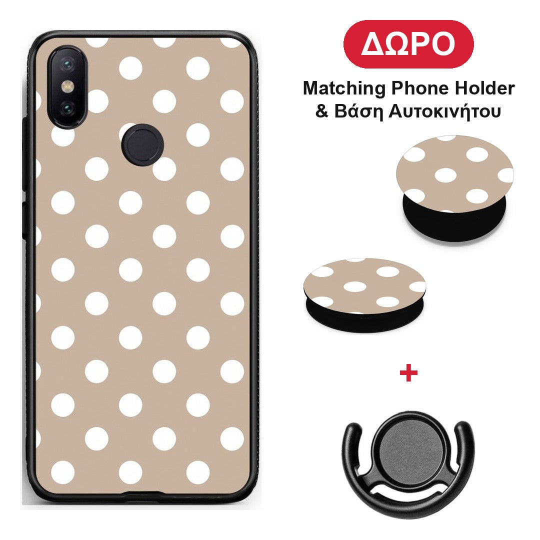 White Polka Dots on Taupe - Xiaomi Mi A2 θήκη + Δώρο Phone Holder & Βάση Αυτοκινήτου