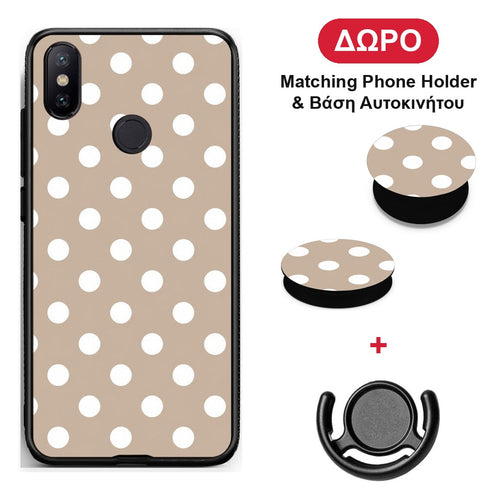 White Polka Dots on Taupe - Xiaomi Mi A2 θήκη + Δώρο Phone Holder & Βάση Αυτοκινήτου