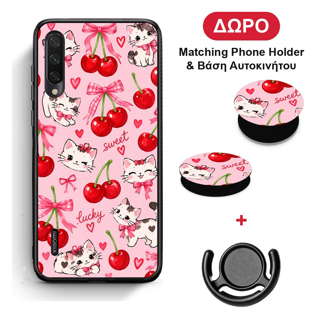 Cherries Bows and Kittens on Pink - Xiaomi Mi A3 θήκη + Δώρο Phone Holder & Βάση Αυτοκινήτου
