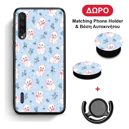 White Kittens and Blue Flowers Small - Xiaomi Mi A3 θήκη + Δώρο Phone Holder & Βάση Αυτοκινήτου
