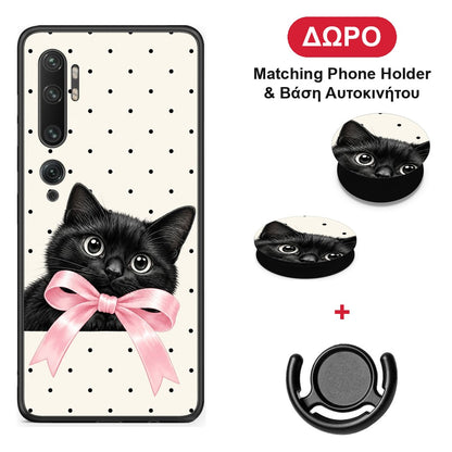 Black Kitten Pink Bow and Polka Dots - Xiaomi Mi Note 10 / 10 Pro θήκη + Δώρο Phone Holder & Βάση Αυτοκινήτου