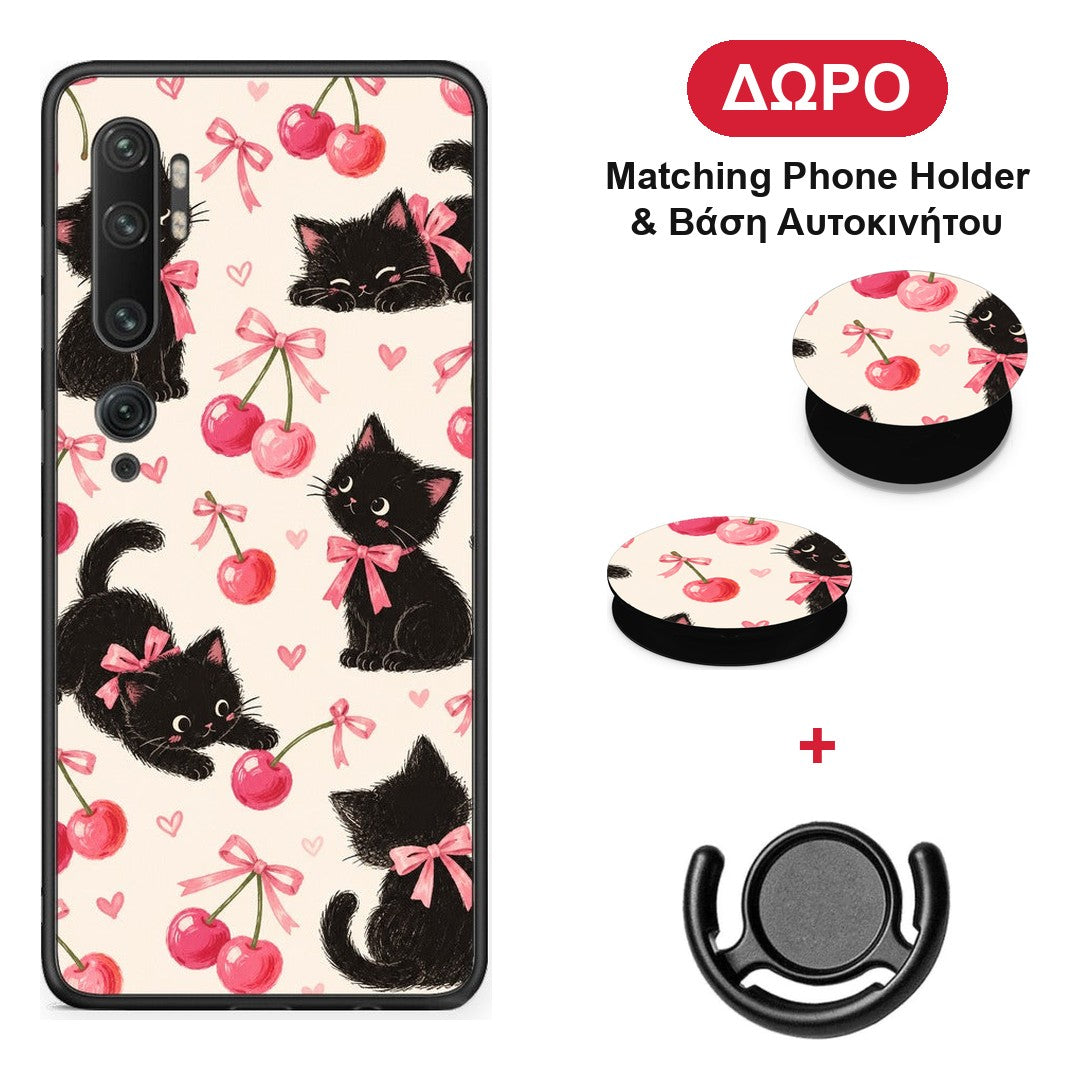 Black Kittens and Cherries on Cream - Xiaomi Mi Note 10 / 10 Pro θήκη + Δώρο Phone Holder & Βάση Αυτοκινήτου