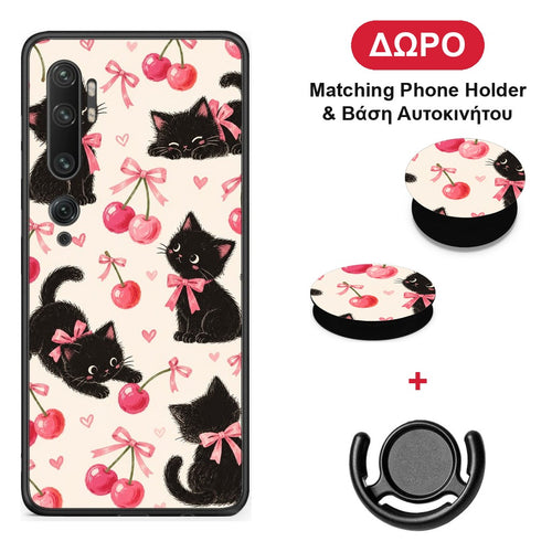 Black Kittens and Cherries on Cream - Xiaomi Mi Note 10 / 10 Pro θήκη + Δώρο Phone Holder & Βάση Αυτοκινήτου