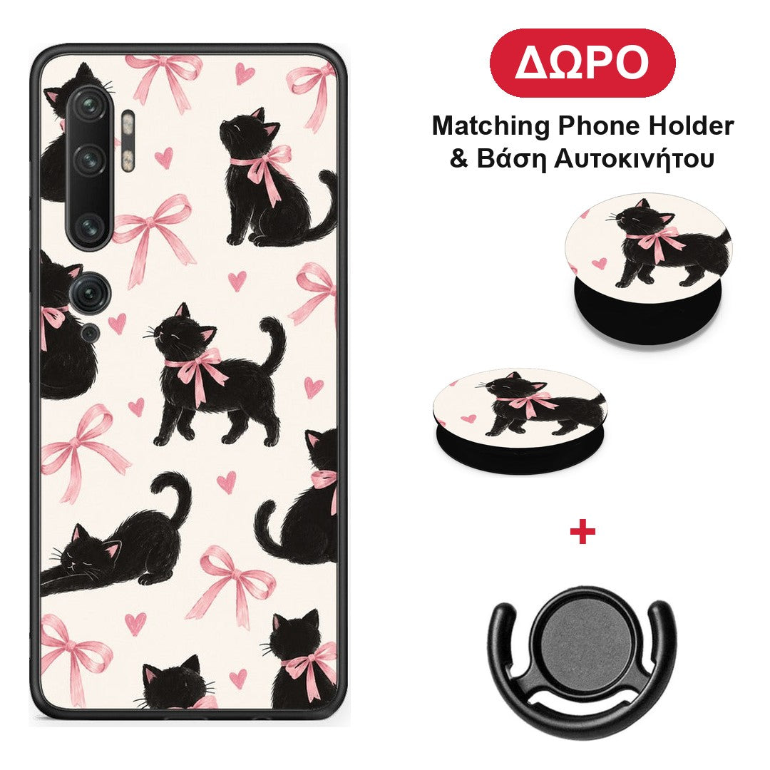 Black Kittens and Pink Bows on Cream Large - Xiaomi Mi Note 10 / 10 Pro θήκη + Δώρο Phone Holder & Βάση Αυτοκινήτου
