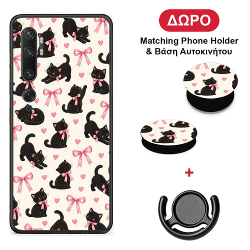 Black Kittens and Pink Bows on Cream Small - Xiaomi Mi Note 10 / 10 Pro θήκη + Δώρο Phone Holder & Βάση Αυτοκινήτου