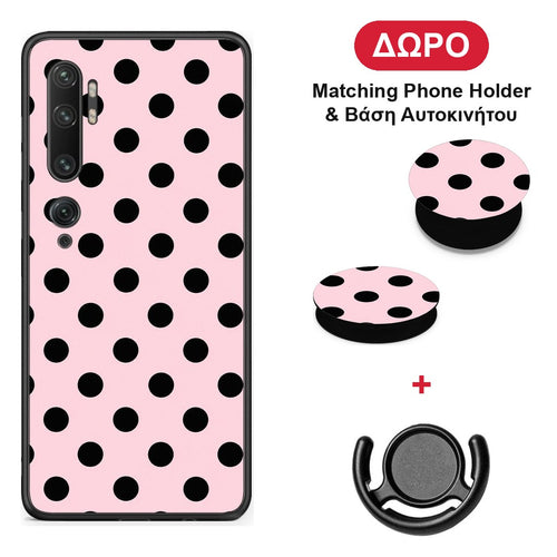Black Polka Dots on Pink - Xiaomi Mi Note 10 / 10 Pro θήκη + Δώρο Phone Holder & Βάση Αυτοκινήτου