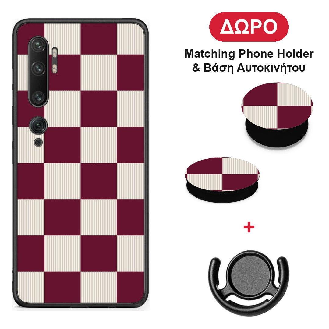 Burgundy and Cream Striped Checks - Xiaomi Mi Note 10 / 10 Pro θήκη + Δώρο Phone Holder & Βάση Αυτοκινήτου