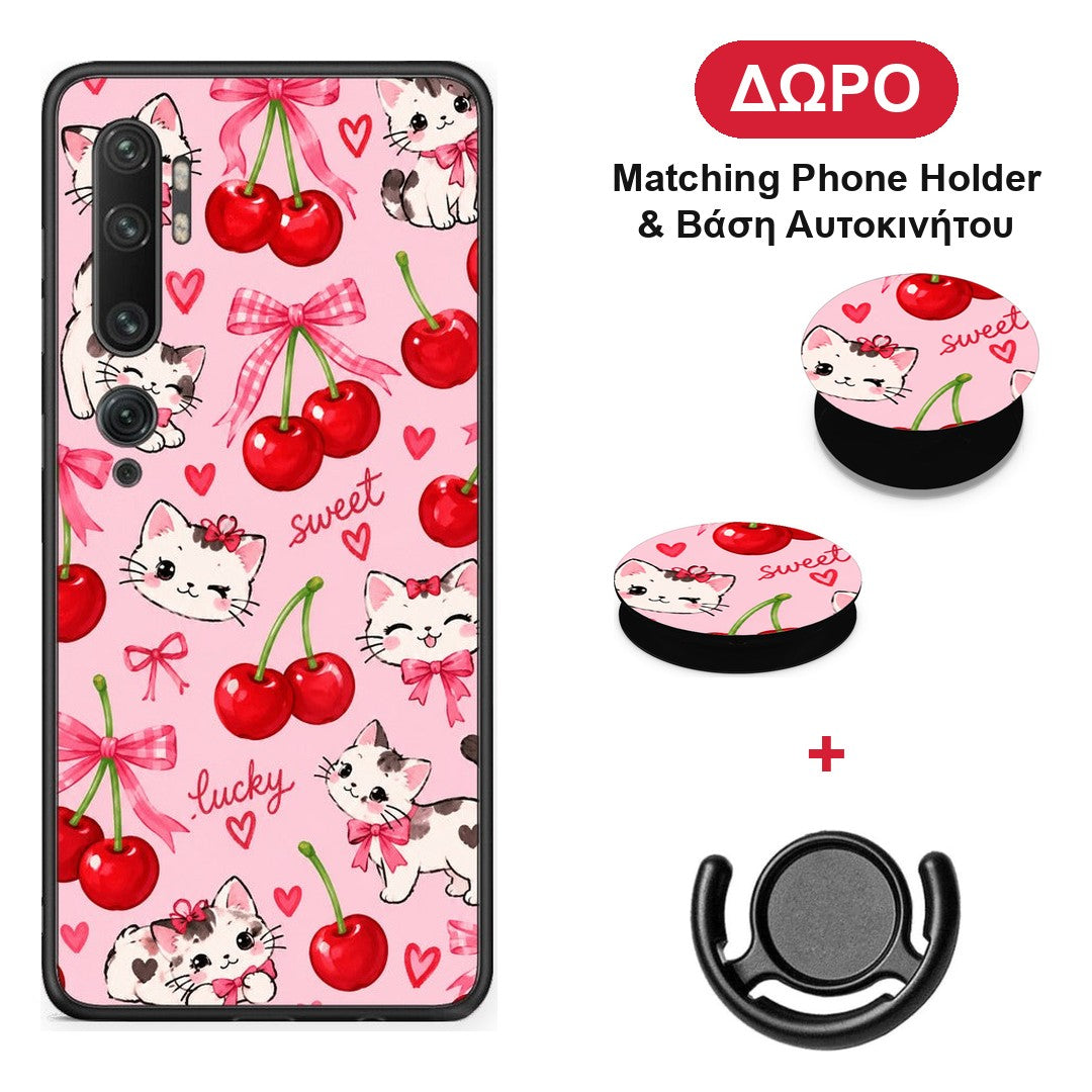 Cherries Bows and Kittens on Pink - Xiaomi Mi Note 10 / 10 Pro θήκη + Δώρο Phone Holder & Βάση Αυτοκινήτου