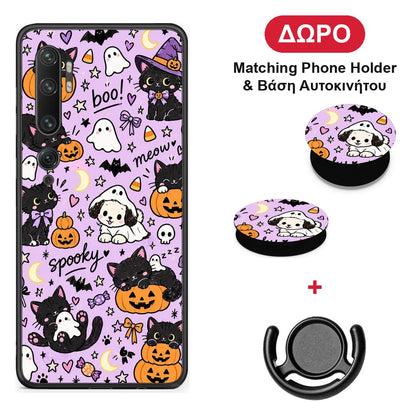 Halloween Black Cats on Lilac - Xiaomi Mi Note 10 / 10 Pro θήκη + Δώρο Phone Holder & Βάση Αυτοκινήτου