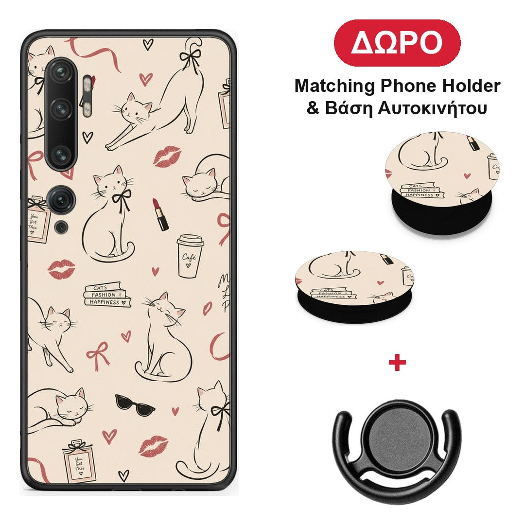 Minimal Cat and Fashion Doodles on Cream - Xiaomi Mi Note 10 / 10 Pro θήκη + Δώρο Phone Holder & Βάση Αυτοκινήτου