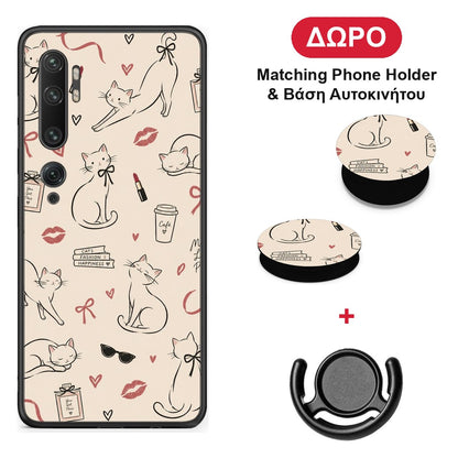 Minimal Cat and Fashion Doodles on Cream - Xiaomi Mi Note 10 / 10 Pro θήκη + Δώρο Phone Holder & Βάση Αυτοκινήτου
