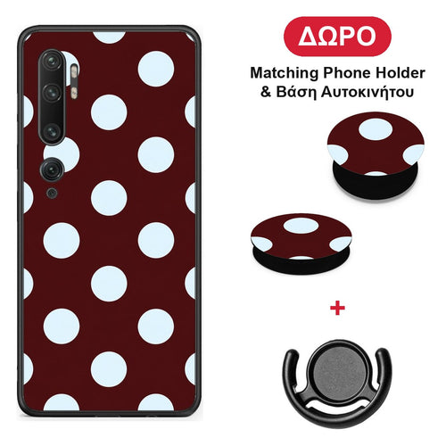 Pale Blue Large Polka Dots on Burgundy - Xiaomi Mi Note 10 / 10 Pro θήκη + Δώρο Phone Holder & Βάση Αυτοκινήτου