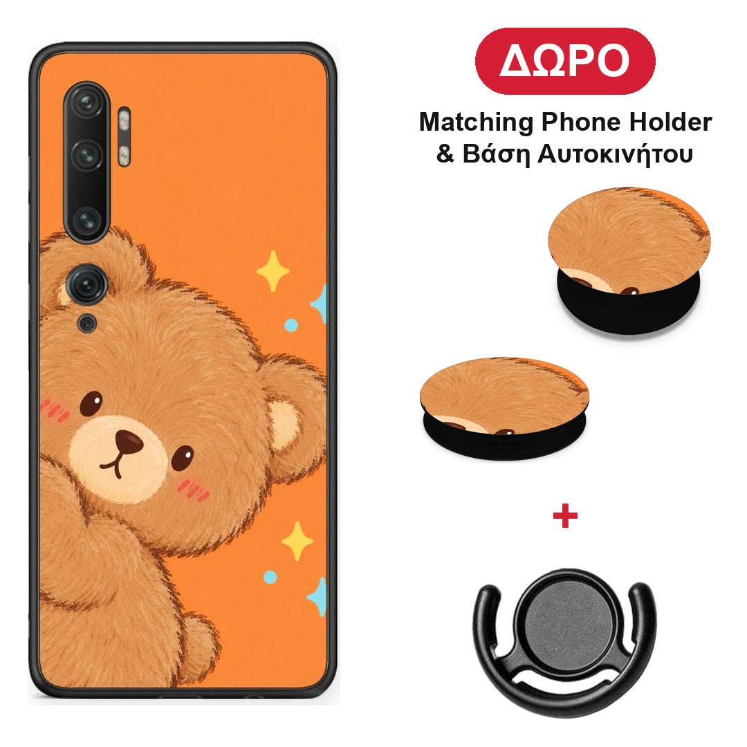 Peekaboo Teddy on Orange - Xiaomi Mi Note 10 / 10 Pro θήκη + Δώρο Phone Holder & Βάση Αυτοκινήτου