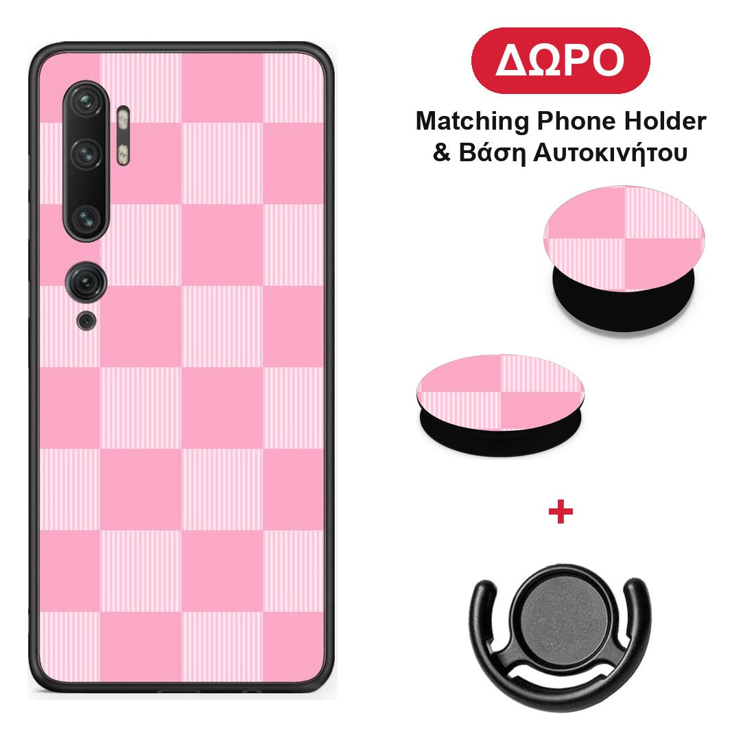 Pink and White Striped Checks - Xiaomi Mi Note 10 / 10 Pro θήκη + Δώρο Phone Holder & Βάση Αυτοκινήτου